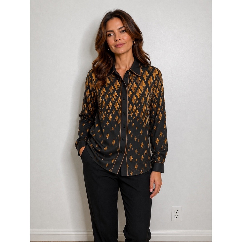 VTG Bob Mackie Silk Wearable Art Blouse Black Brown  Button Up Medium